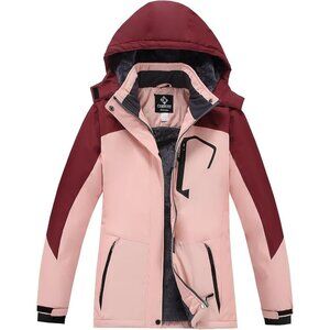 Womens Pink-red Mountain Waterproof Ski Jacket Hooded Windproof Winter Coat Snow